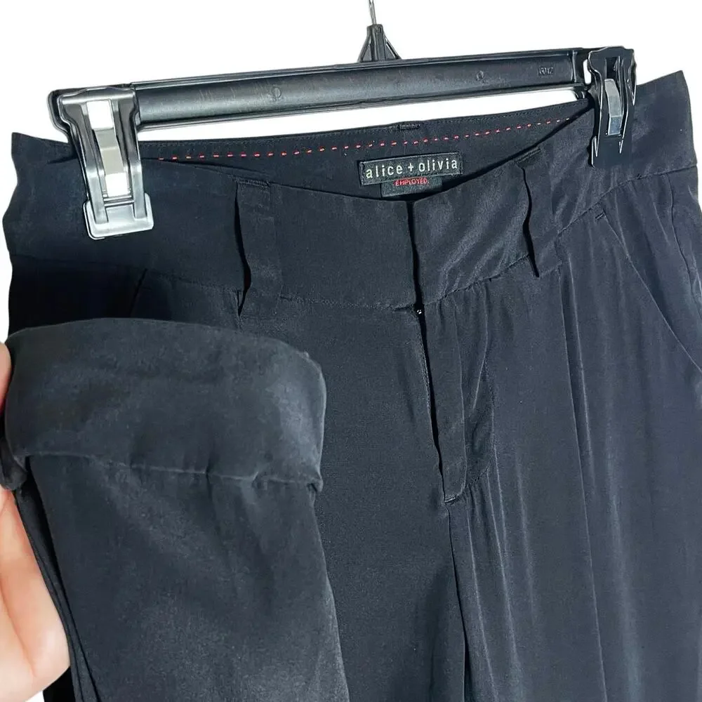 ALICE + OLIVIA Employed Women’s Black Silk Pleated Slim Cuffed Trouser